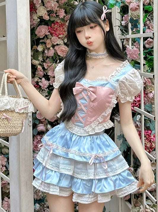 New Summer Product】Ochaya Summer Ice Berry Sweet Pure Desire Princess Pink Blue Lace Bow Cake Dress