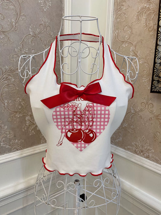 Sweetheart Princess Cherry Love Girl Alphabet Printing Bow Knot Slim Navel Vest Top Halter Neck Short Suspenders