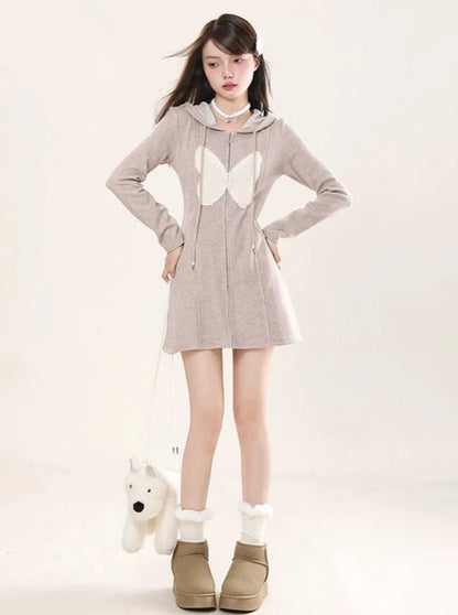 butterfly hooded zip knit dress