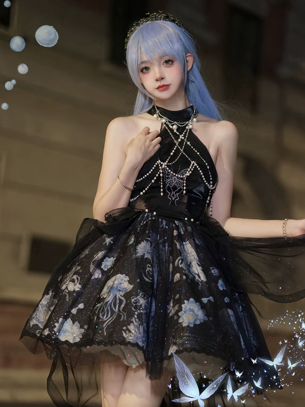 Deep Jellyfish Halter Neck Elegant Dress