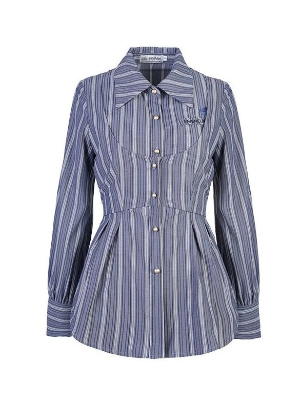 Polo collar faux two-piece striped shirt [Reserved product].