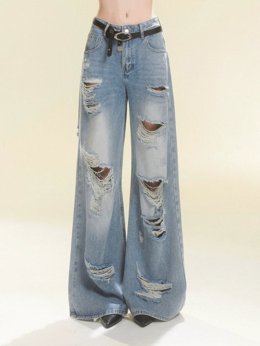 Less eye girl group ripped pants straight jeans women's summer light color thin wide-leg pants trendy brand flared pants