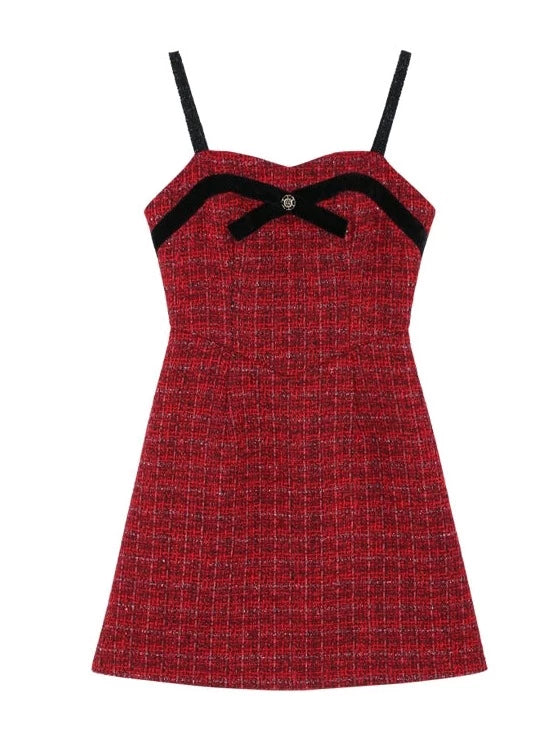 Short fur dark red coat + suspenders Dress