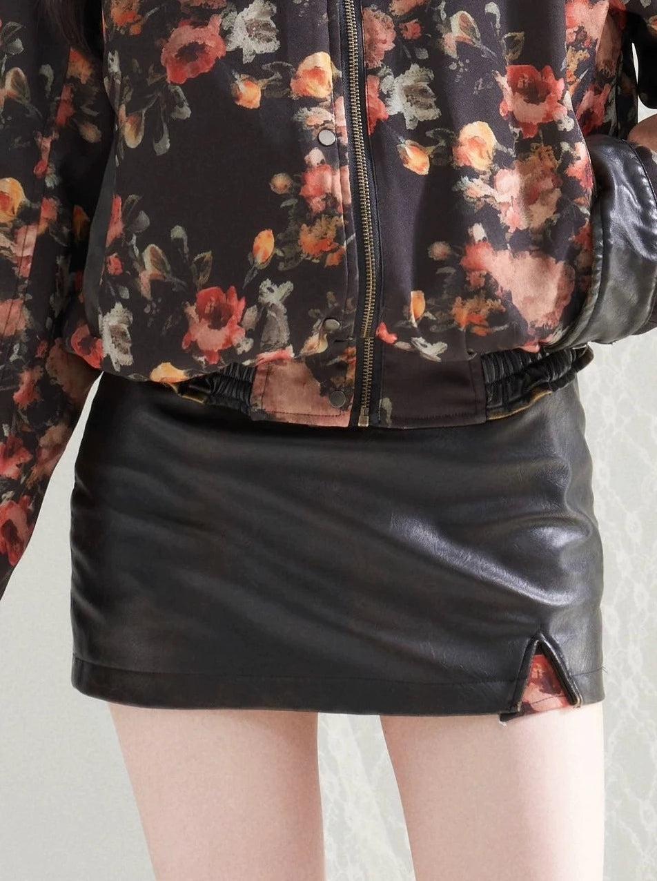 Retro Reversible Flower Damaged Leather Jacket + Leather Slit Skirt