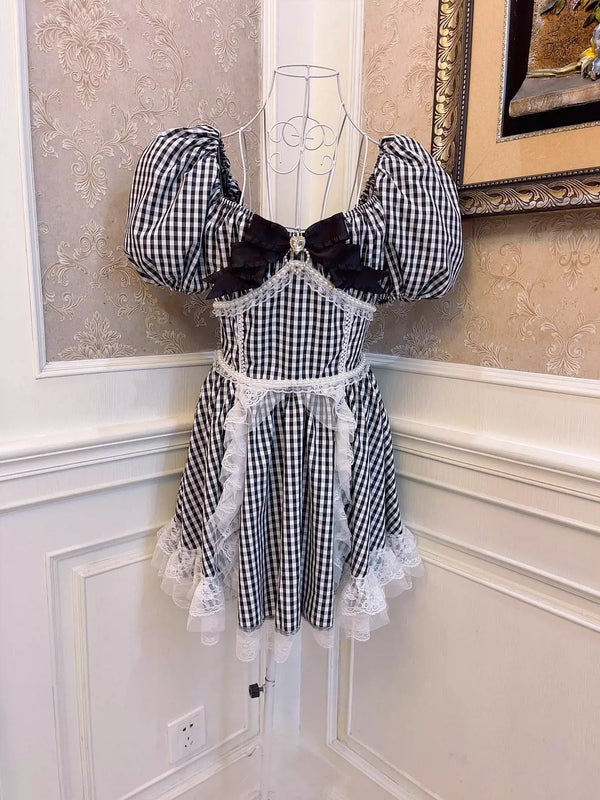 チェックリボンオープンネックワンピース