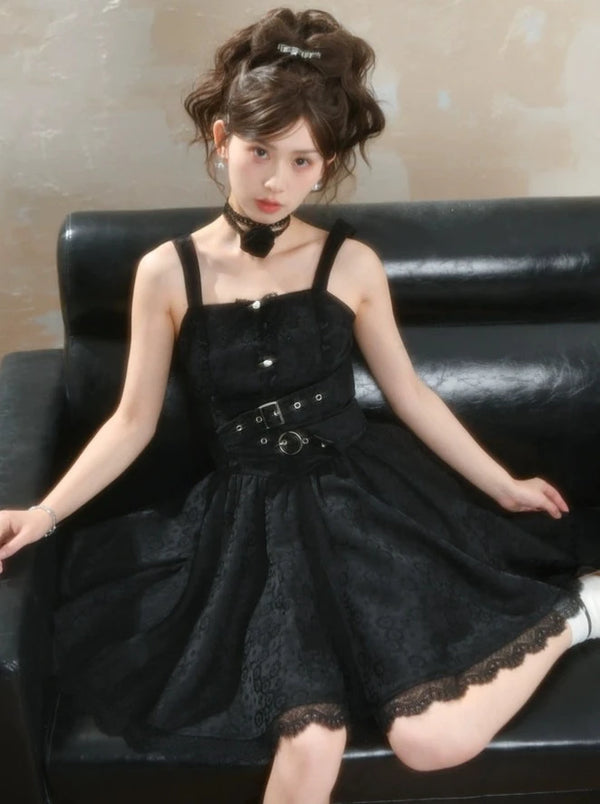 ウエストベルトデザインダークキャミソールワンピース