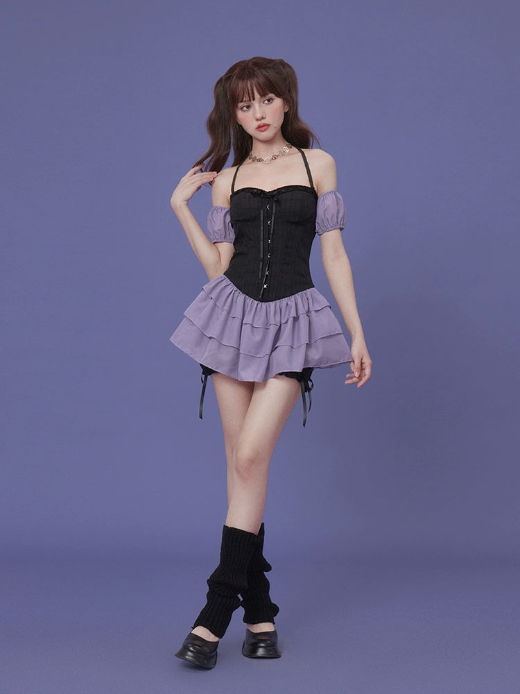 SagiDolls Girl Fighting Spirit Concert God Skill# Grape Milk Candy # Black Purple Cake Dress Three Piece Set for Summer