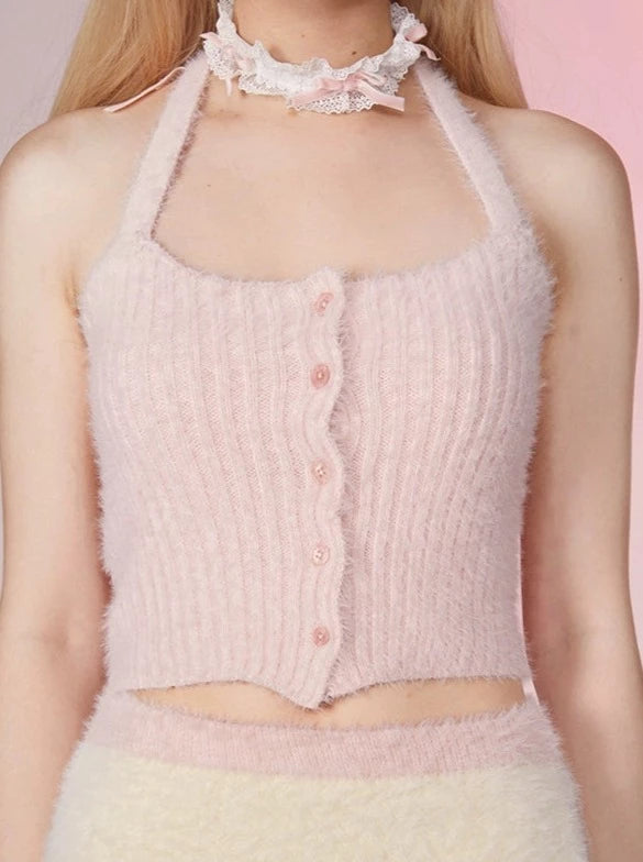 Mink hair knit cardigan + camisole + cherry skirt