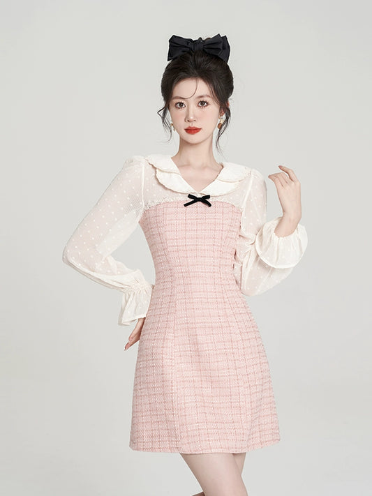 Little fragrance pink fake two-piece dress women's long sleeve spring new high-end sweet age-reducing a-line French skirt