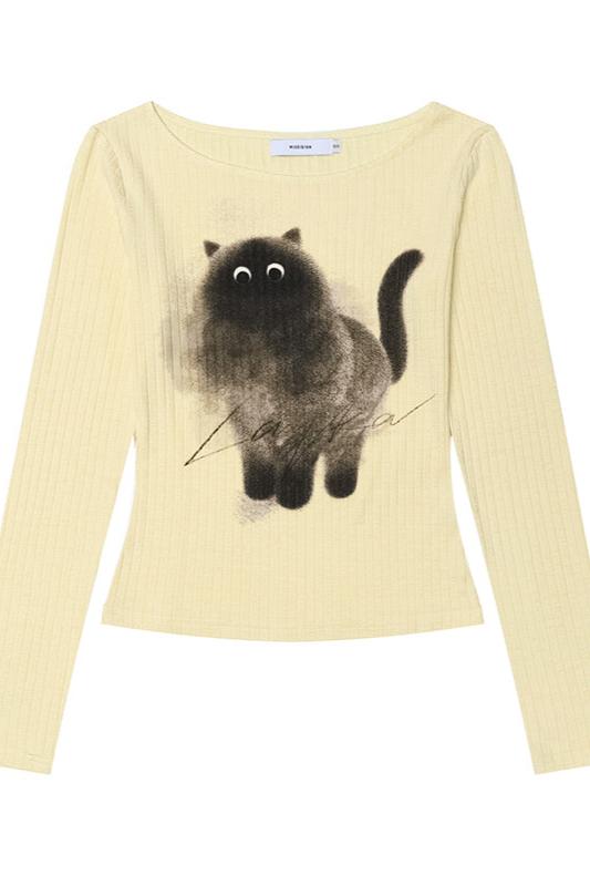 レトロキャットプリントロングスリーブTシャツセットアップ