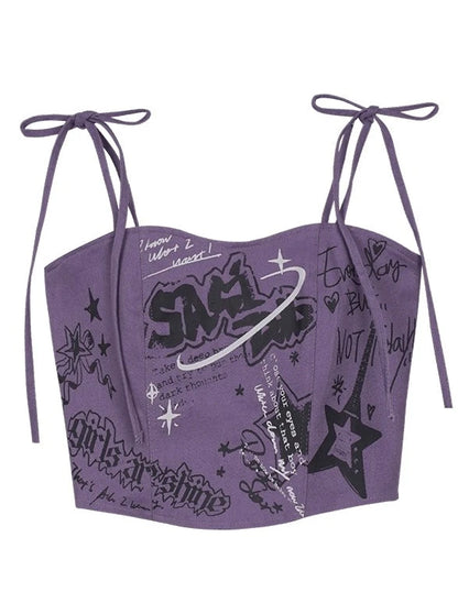 SagiDalls Teenage Fighting Spirit # Music Festival Witch # Purple Sling Graffiti Printed Sling Tank Top Sweet and Spicy