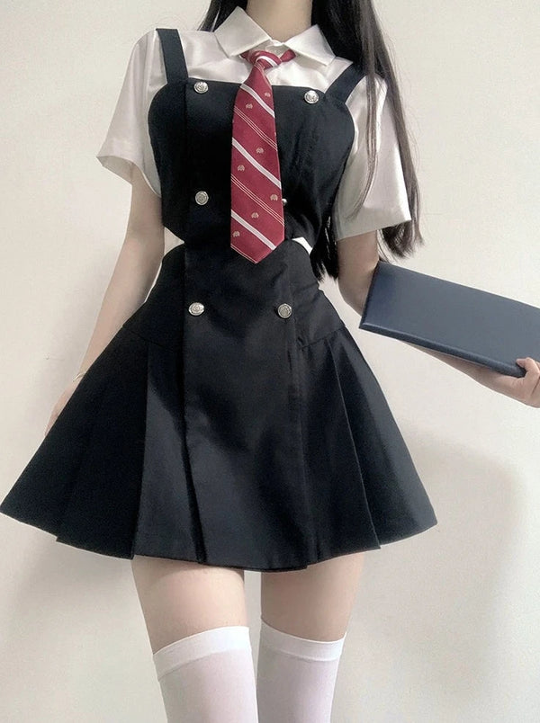 Waist Design Slit Suspender College Skirt