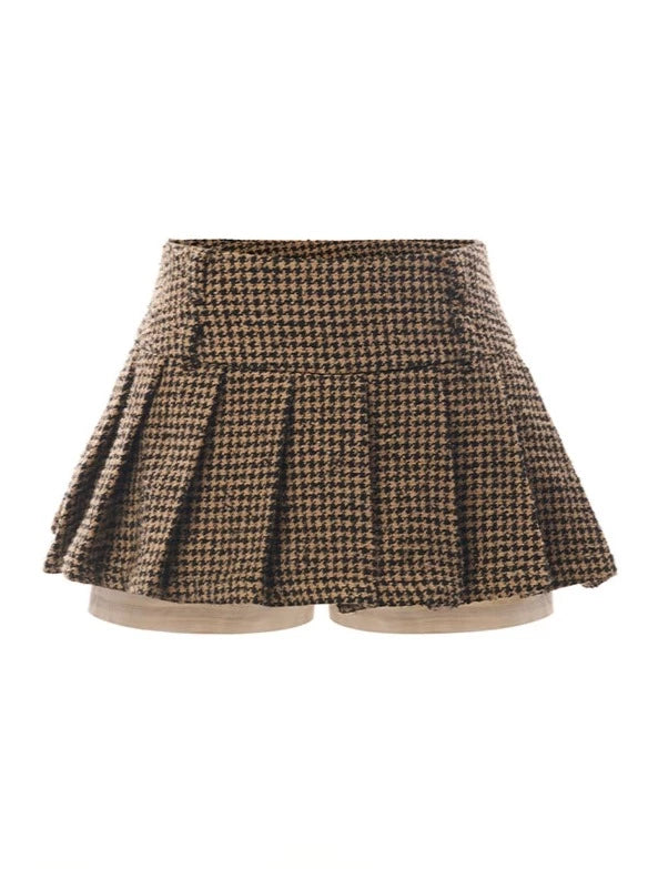 French retro fur collar jacket + pleated pants skirt + logo belt