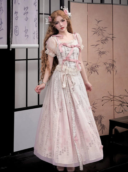 Kra-China girly print top + long skirt + puff sleeves