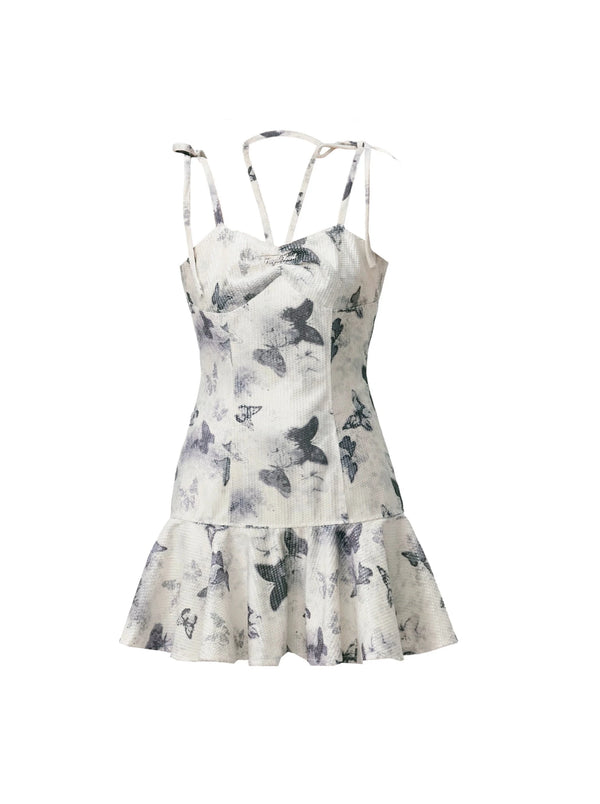 Butterfly Dream Ink Print Sequins Holiday Dress