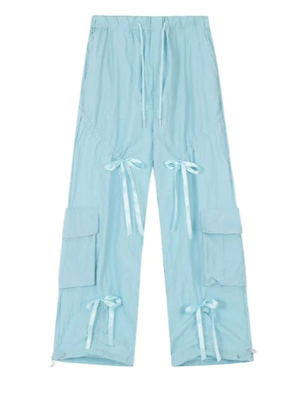 Offre limitée à 9% 11SH97 bow strappy slacks women's summer low-rise slimming cargo drawtring wide-leg pants