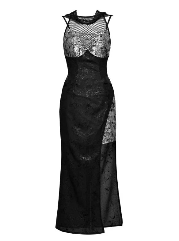 Punk Black Silver Mesh Sheer Slit Hoodie Dress Suit