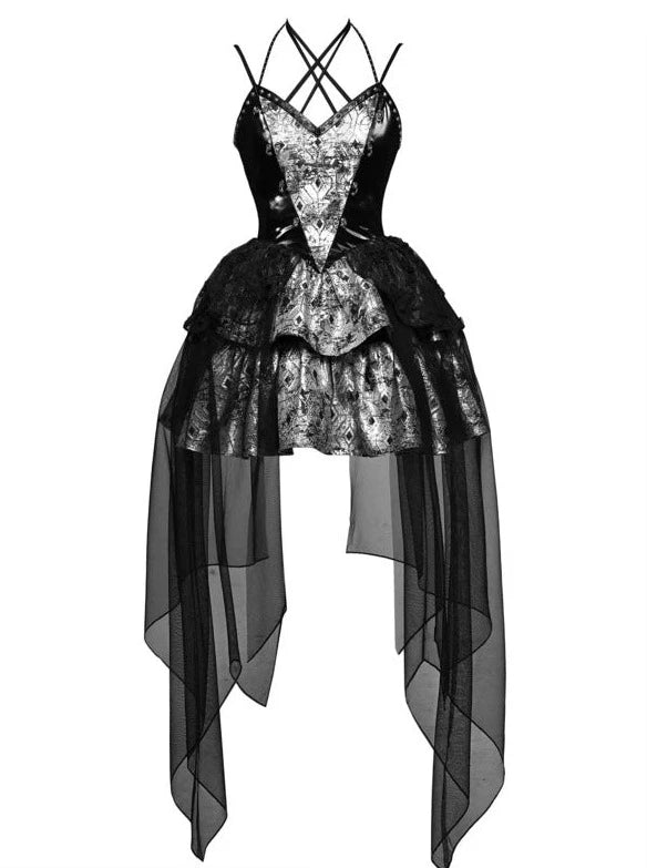 Punk PU metallic halter-neck suspender tulle dress + off-the-shoulder mesh sheer top