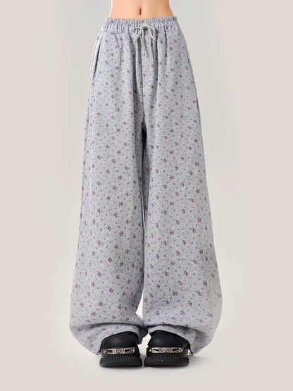 Cheese Gray Little Floral Wide Loose Casual Pants