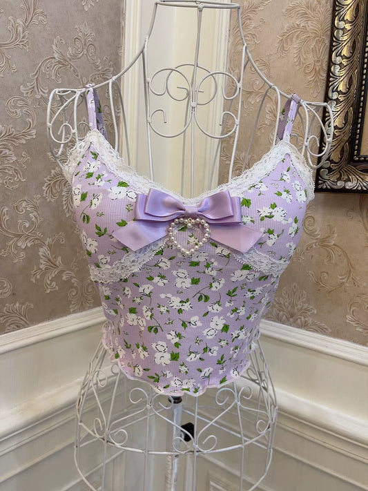 Sweet Girly INS Purple Floral Bow Love Lace Slim Crop Top With Chest Padding Camisole