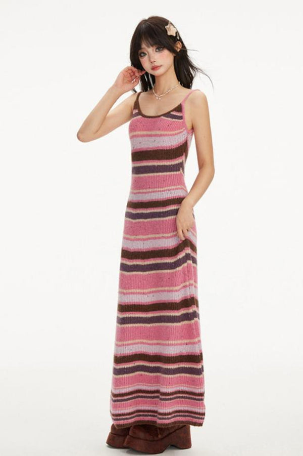 Contrast Stripe knit long slip dress