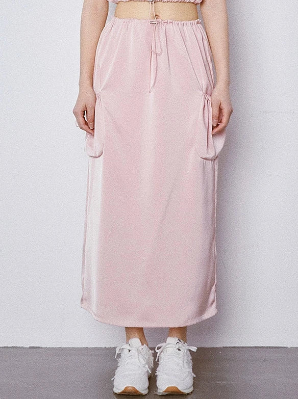 Premium Sweet Acetate Satin Drawstring Sleeveless Top + Skirt