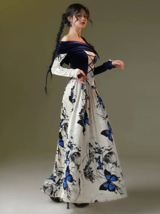 One-Shoulder French Velvet Printed Dress