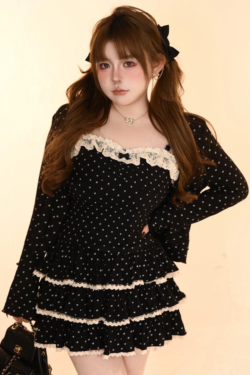 [Reservation product] Sweet dot camisole + cardigan + frilled skirt