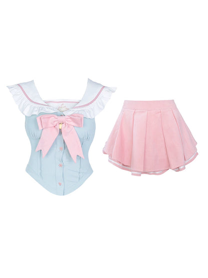 Sunday Beauty Sailor Blue Top + Pink Skirt