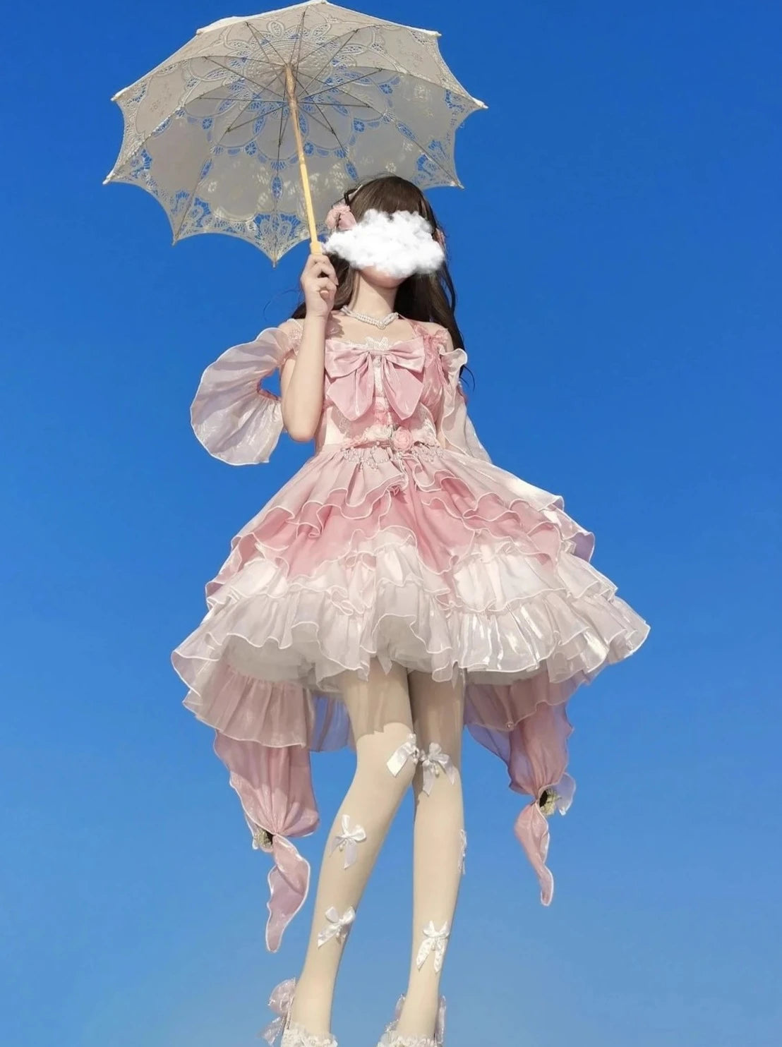 핑크 플라워 웨딩 로리타 드레스 JSK 로리타 화려한 우아한 트레일 푹신한 중공업 공주 드레스 매일