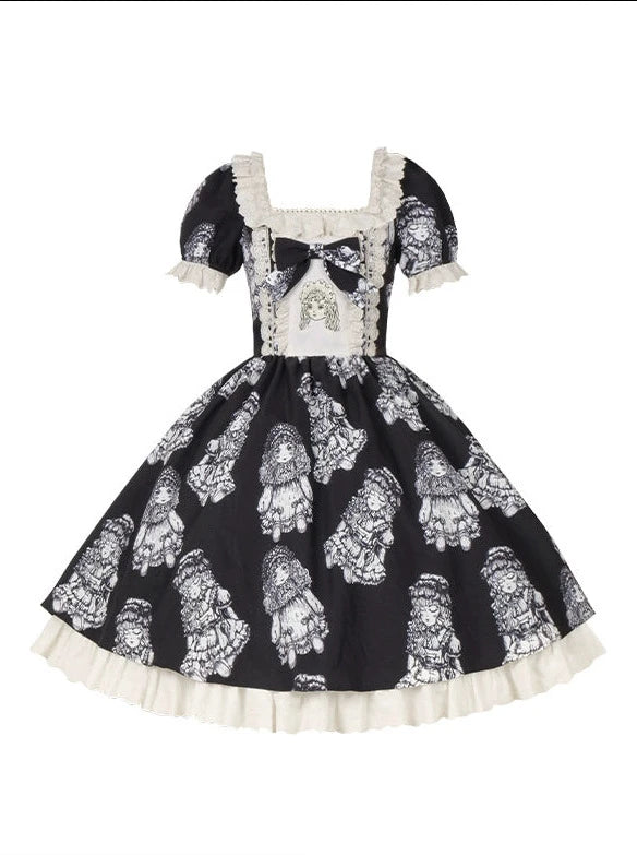 Night of Dolls Print Embroidery Dress Set