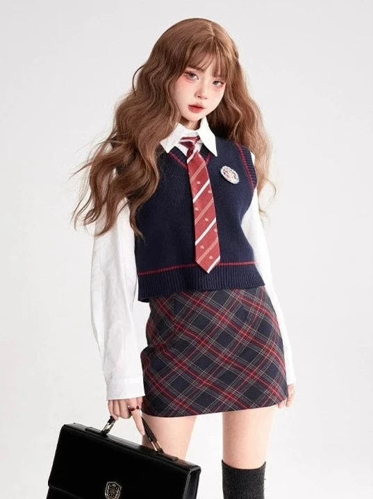 American College Style JK Suit Knit Vest + Tie Shirt + Skirt Set