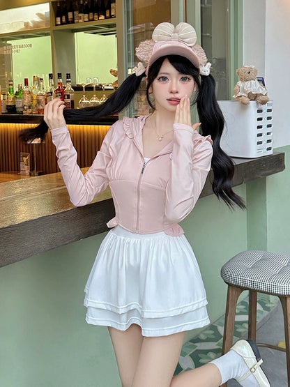 夏季新款] Ochaya 奶油兔可爱粉色修身开衫短裙防晒套装夏装