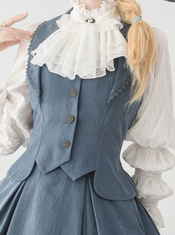 Classical retro blouse + colored vest + flared long skirt