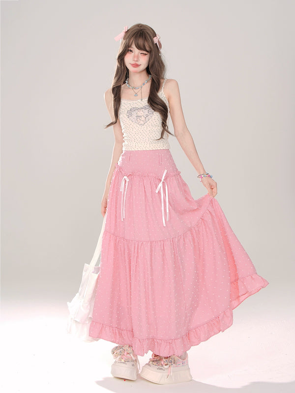 Dot Ribbon A-Line Long Skirt + Check A-Line Long Skirt