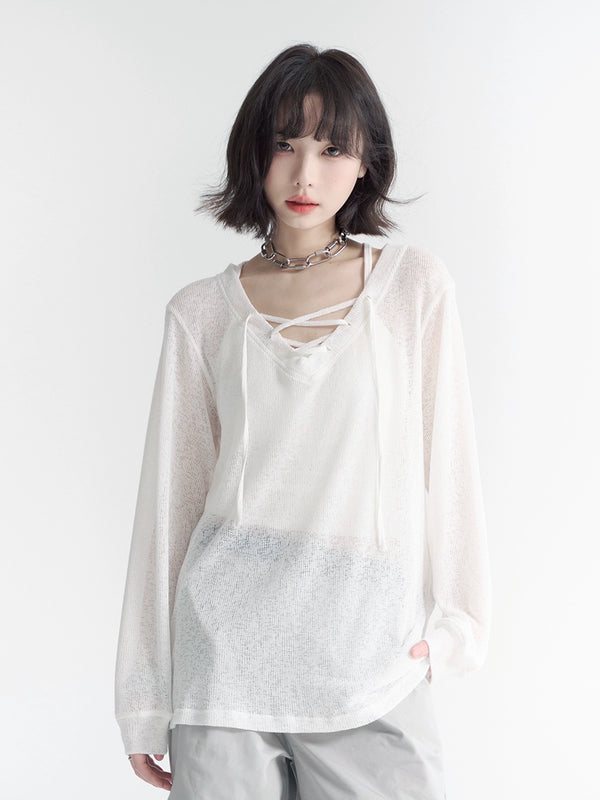 VネックストラップシアールーズロンTトップス