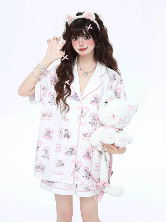 [4.11 limited time 95% off] cat diary original girl loose loungewear skin-friendly comfortable pajama set summer