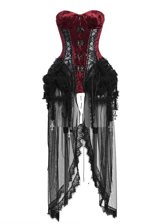 Hell Alice Gothic Dark Fishbone Straps Corset Tulle Dress Set