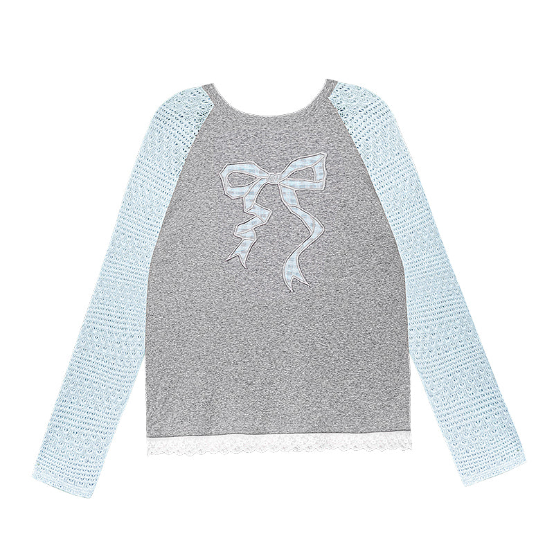 Grey Blue Bow Long Sleeve Top