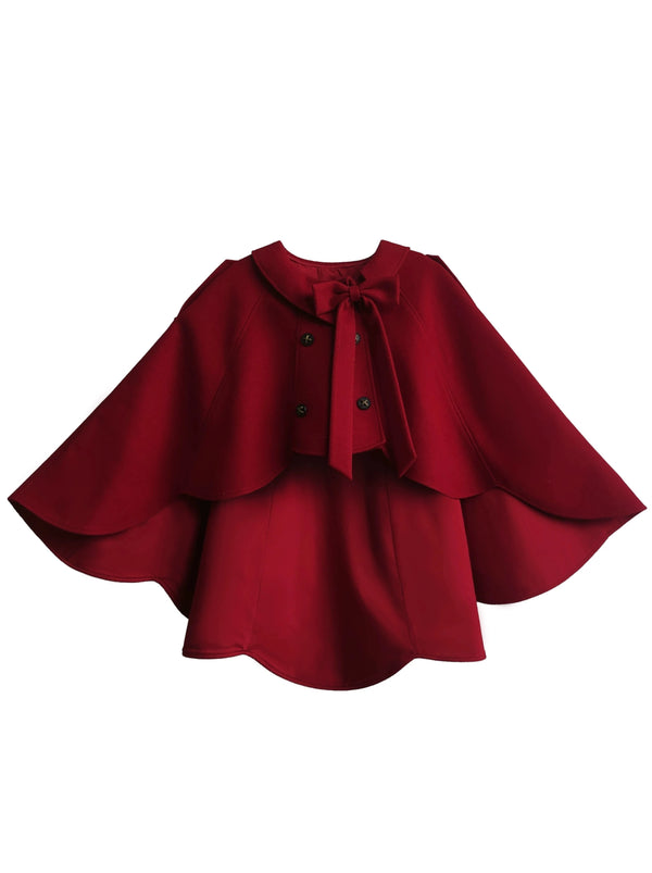 Little Red Riding Hood Cape Ribbon Coat + Pleated Collar Shirt + Check Tiered Dress + Head Scarf