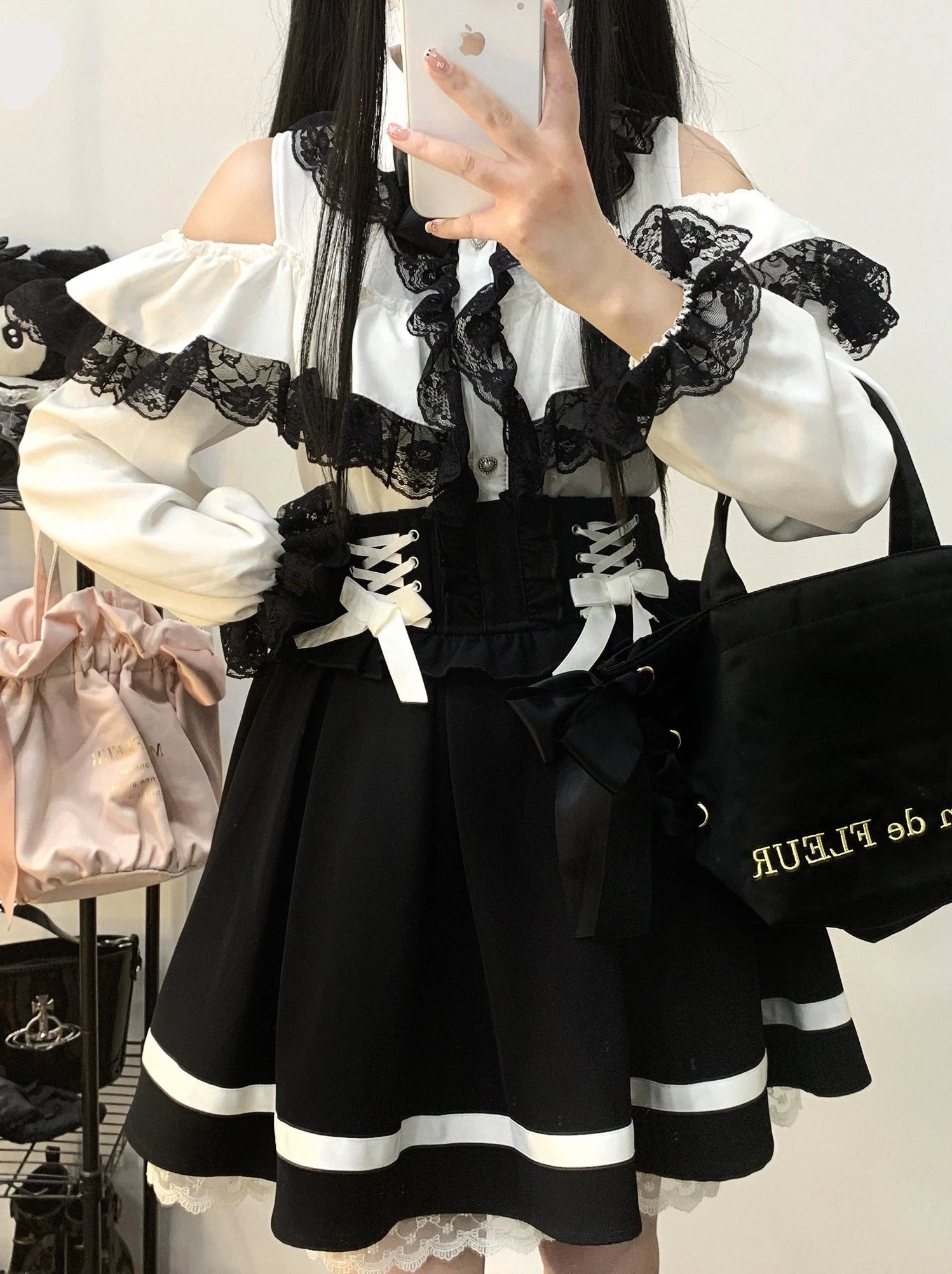 レースオフショルダーデザインリボンシャツ – Belchic