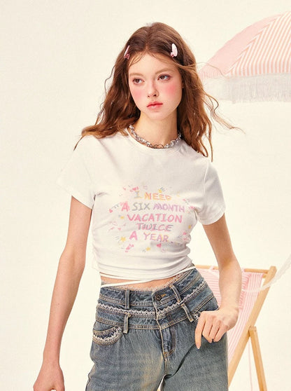 GirlyFancyClub 핸드페인팅 레터 프린트 디자인 센스 아메리칸 핫티 트리밍 탑 여성 크롭 티셔츠 여름