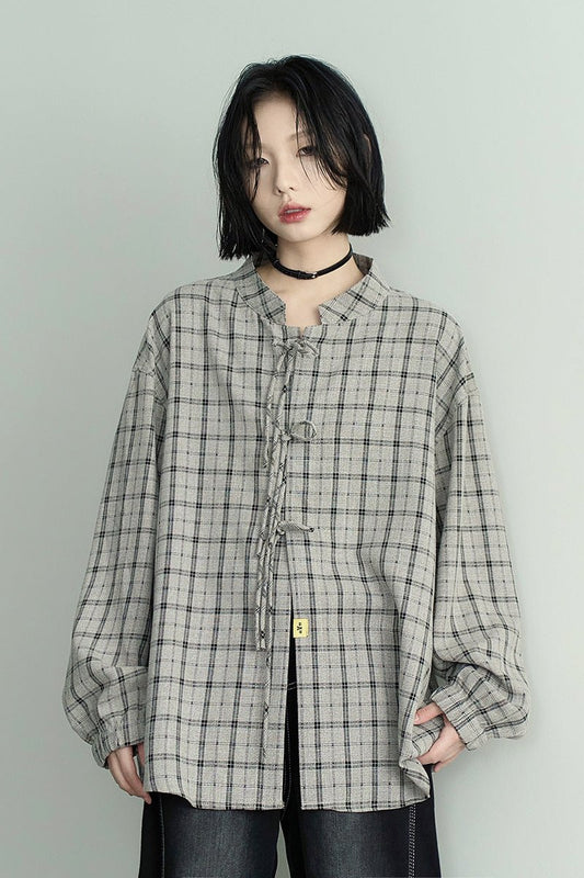 Lace-Up Check Long Sleeve Shirt