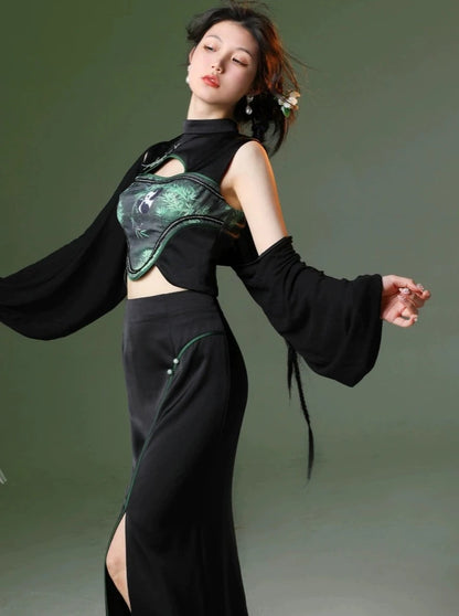 四斤自制熊猫竹原创新中式刺绣上衣、裙子和薄夏装两件套