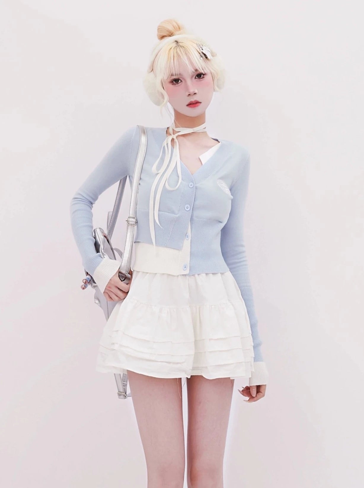 Faux Two Piece Retro Girly Ice Blue Cardigan