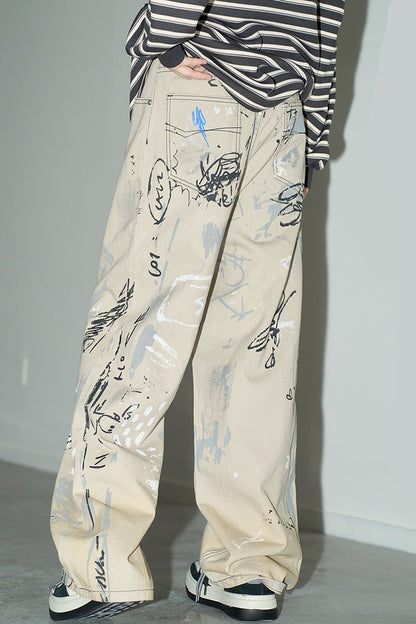 Loose Graffiti Light Color Straight Pants