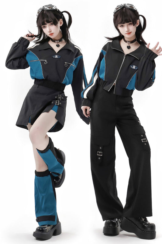 Blue And Black Top + Jacket + Split Pants + Leg Cover + Skirt