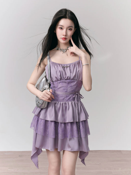 Purple Pleated Lace Camisole Dress