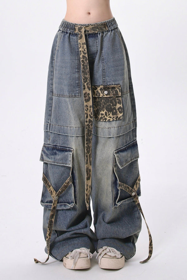 レースアップレオパードワイドレッグパンツ
