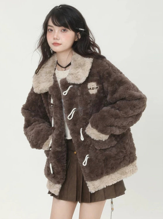 Horn Button Fluffy Fur Boa Coat